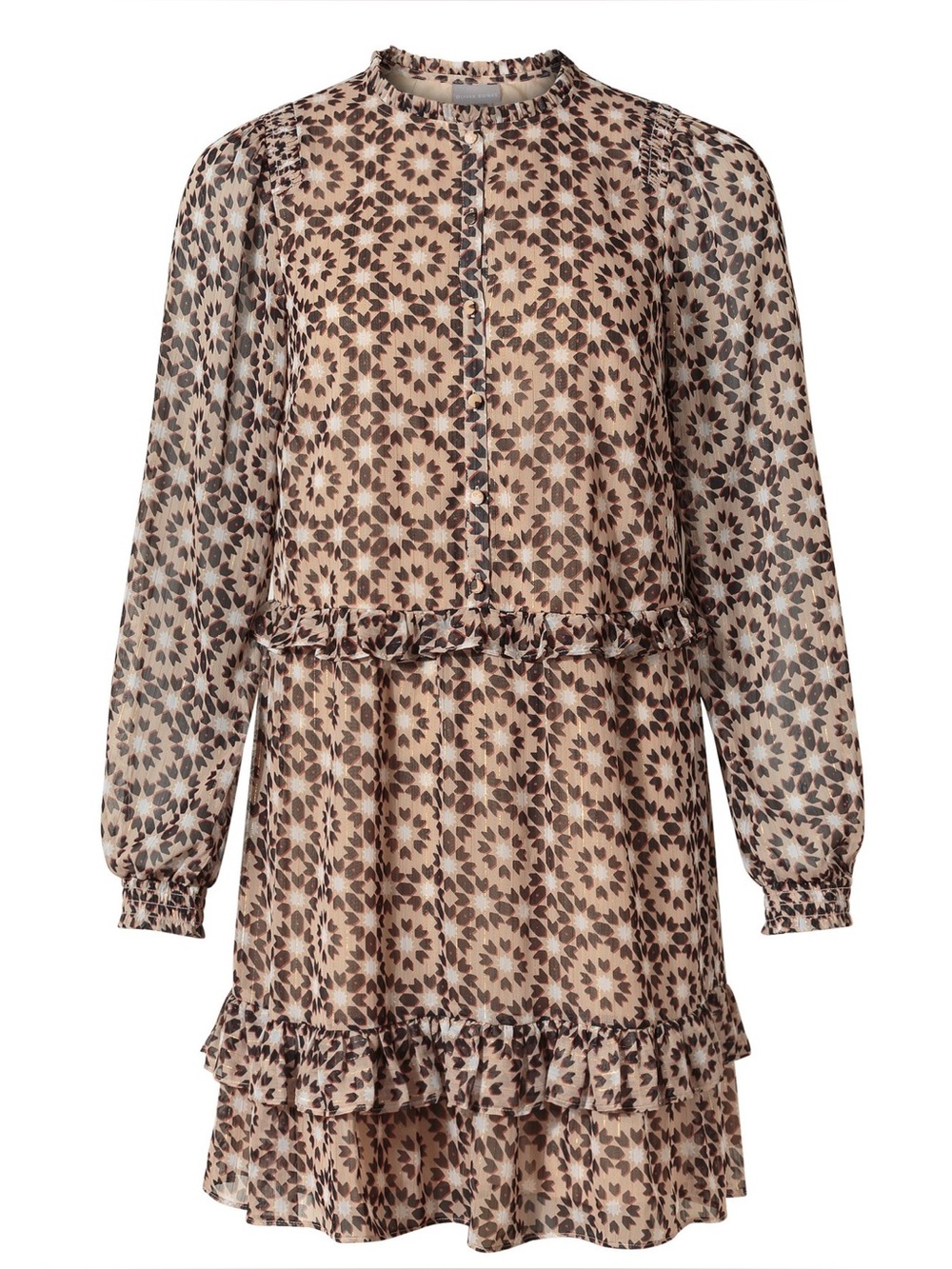 Oliver Bonas Circle Geo Print Brown Ruffled Mini Dress